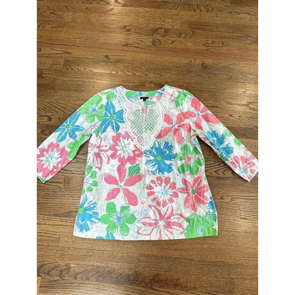 Talbots Womens Large Bright Floral 3/4 Sleeve Popover Cotton V-Neck Top X0917 - Picture 4 of 12
